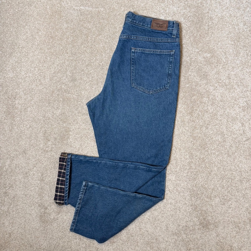 L.L. Bean Jeans Mens 33x29 Blue Flannel Lined Natural Fit Plaid‎ Denim 130657
